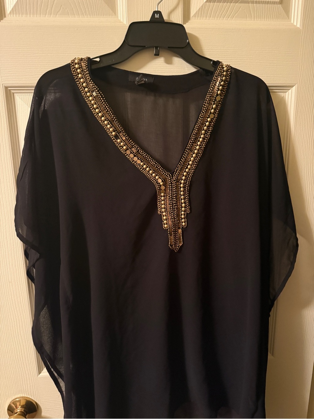 Raviya Black Sheer Tunic with Gold Beaded V-Neck